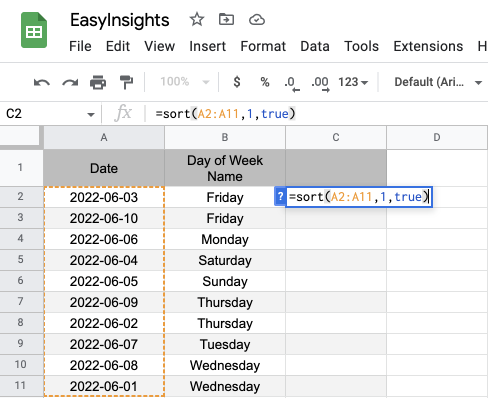 Sorting Google sheets data by date - EasyInsights