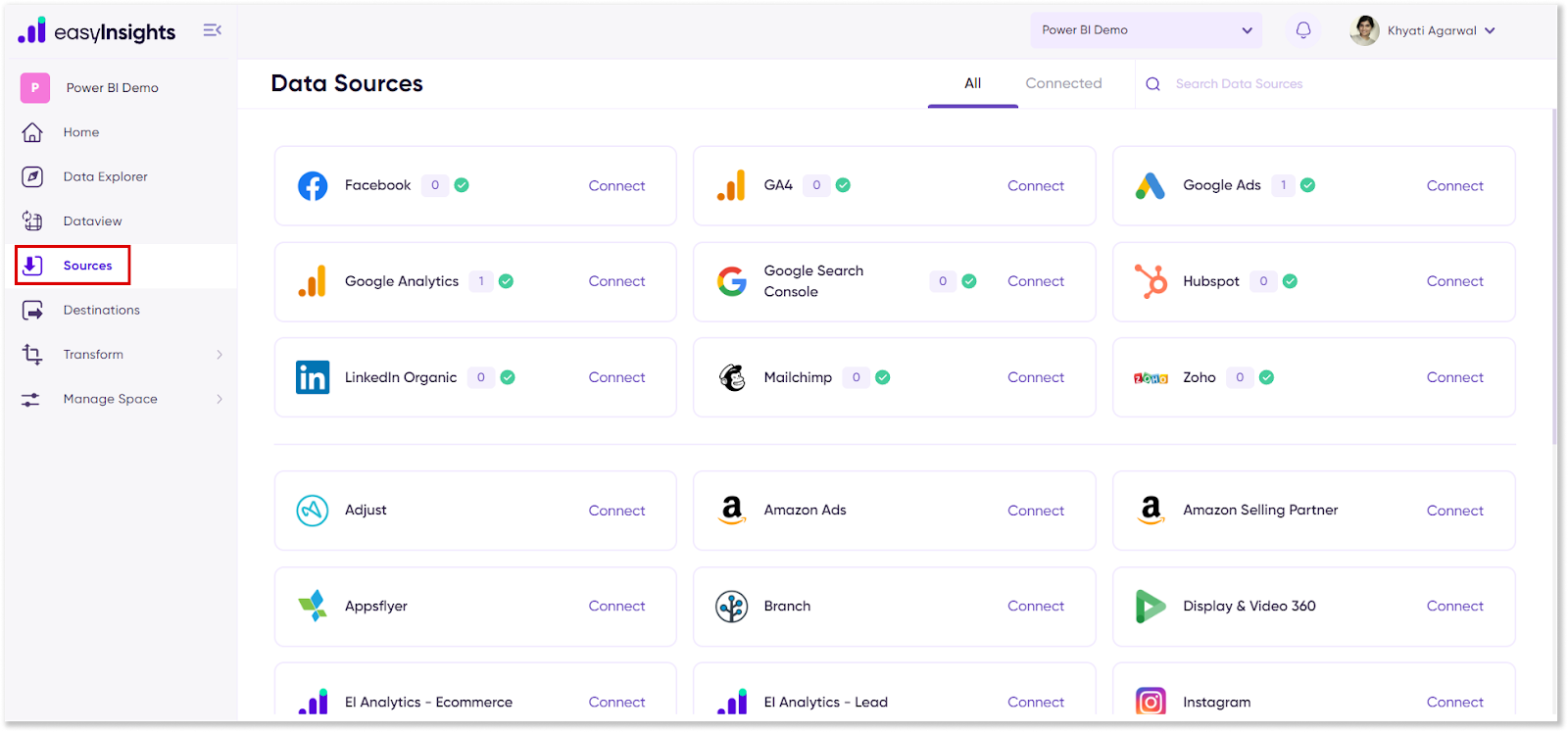 Data Sources Screen on EasyInsights