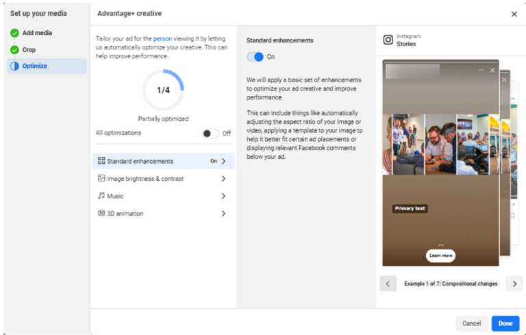 Window after uploading media for Meta Advantage+ Creative