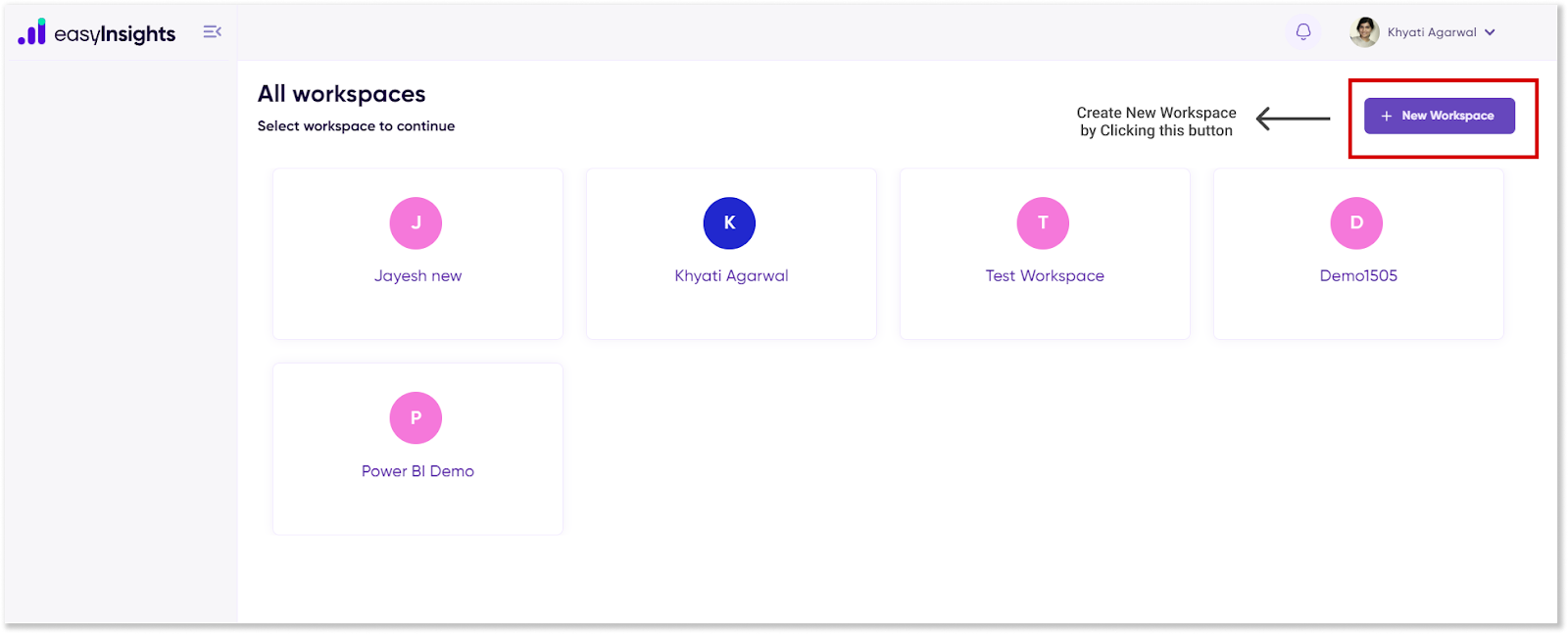 workspace screen on EasyInsights