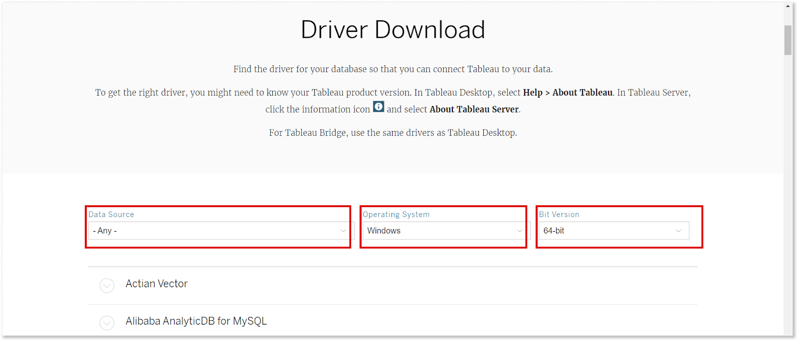Tableau Driver Download Screen