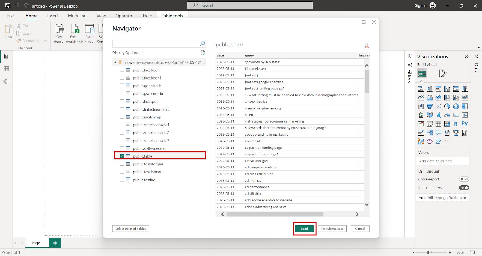 navigator screen in power bi