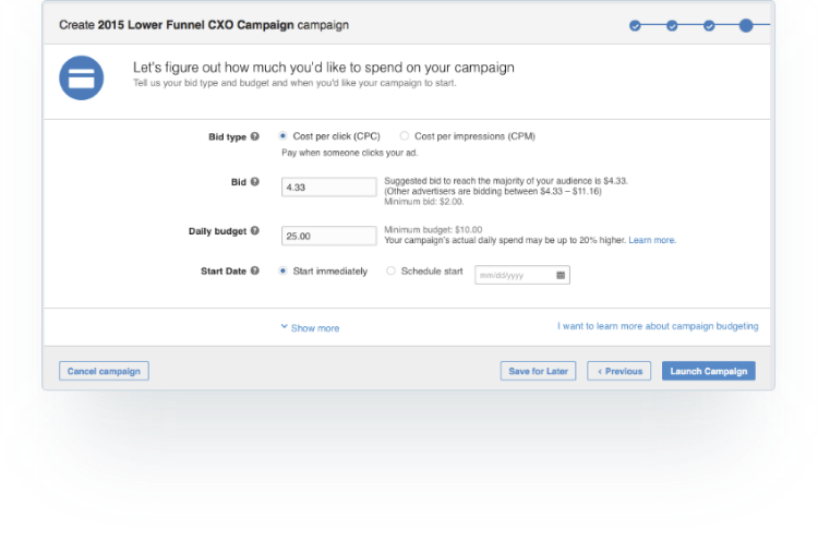 Specify bid, daily budget, start date and end date