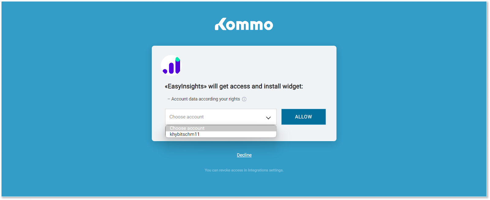 choose kommo account for easyinsights