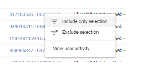 Screenshot of GA4 User Explorer's window depicting how to select include only selection