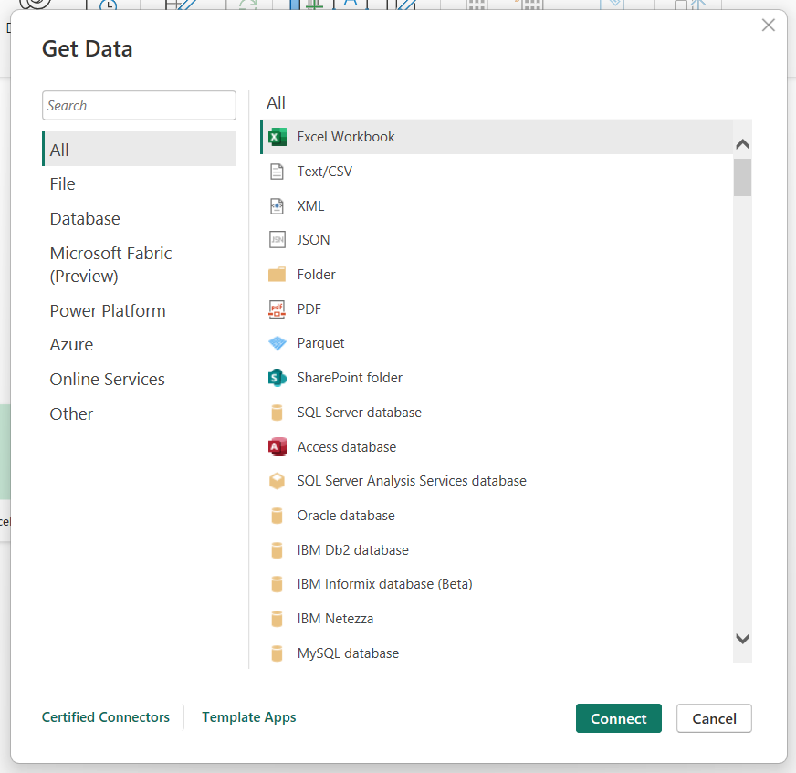 Get Data screen power bi