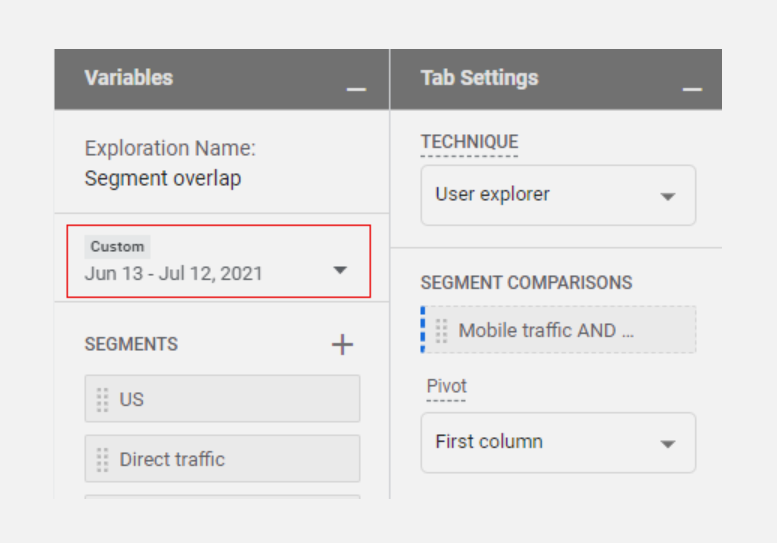 Screenshot of GA4 User Explorer's window depicting how marketers can customize date range