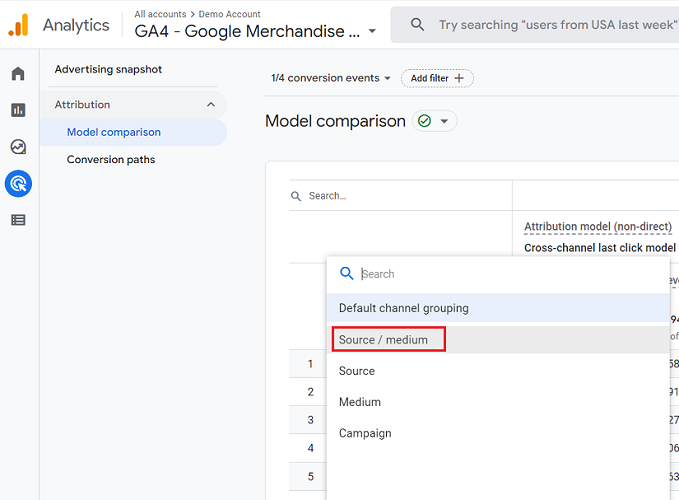 Customizing Attribution Model Comparison Report in Google Analytics 4 - View 2.2