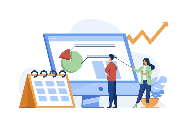 Young tiny analysts preparing monthly report. calendar, chart, arrow flat vector illustration. statistics and digital technology Free Vector