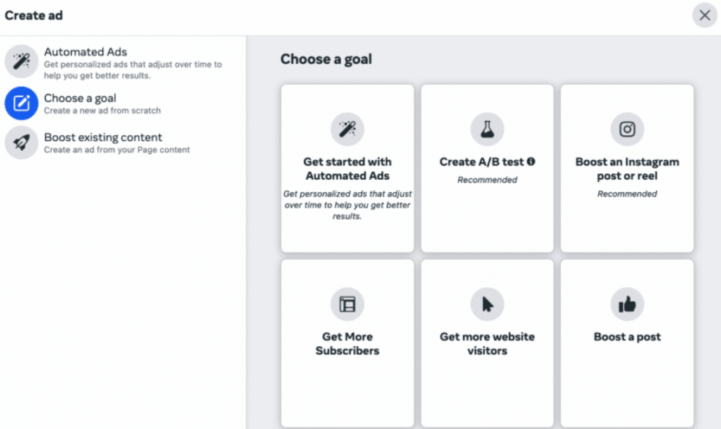 Choosing Meta Ads goal