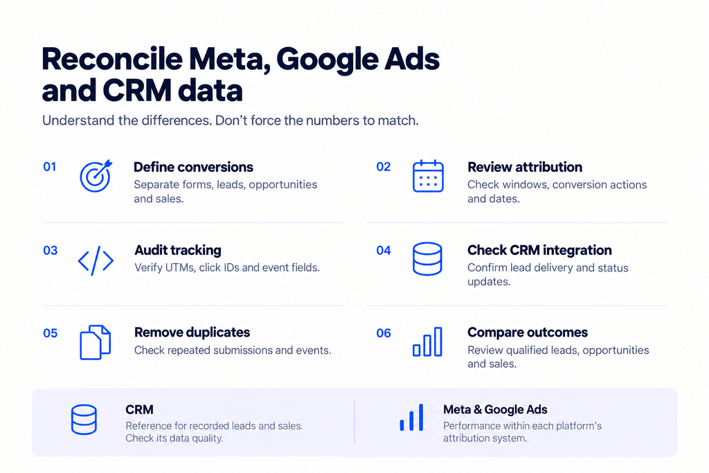 Reconcile Meta, Google Ads, and CRM